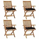 JUNZAI Klappbare Gartenstühle mit Kissen, Gartenmöbel, Balkonstühle, Hochlehner, Balkonmöbel, Bistrostuhl, Balkonset, Garten Stühle, Armlehnenstuhl, 4 STK. Massivholz Teak