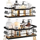 SWTYMIKI Duschablage Ohne Bohren mit 12 Haken, 2 Pack Duschregal Badregal Ohne Bohren mit Natural Bambusbrett, Selbstklebend Edelstahl & Wasserdicht Badezimmer Organizer für Dusche, Schwarz