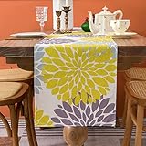 Tischläufer Leinen Tischläufer Frühling Wohnzimmer Gelb und Grau Tischdeko Boho Blumen Tischmatten für Kommode Schrank Tisch TV Küche Esstisch Party Bankett Hochzeit Tischläufer 33 x 183cm