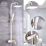 BFDMY Weiß Gold Dusche Systeme Eckige Überkopfdusche Verstellbar Handbrause 360°Drehbar Regenbrause Duschstange Duscharmatur Duschset Lift-Typ Wanddusche Set Modernen Messing,Whiteshower