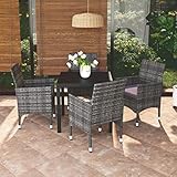Tidyard 5-TLG. Garten Essgruppe, Terrassenmöbel Set 4 Personen, Sitzgruppe Outdoor, Esstisch mit WPC-Tischplatte & Stühle mit Sitzkissen, Gartenmöbel Set Poly Rattan Grau