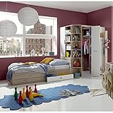 Lomadox Jugendzimmer Teenagerbett mit Bettschubkästen und Eckkleiderschrank, begehbar und beleuchtet in Eiche Nb. mit weiß, B/H/T: ca. 328/201/180 cm