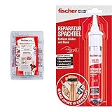 fischer MEISTER-BOX DUOPOWER + Schraube, Werkzeugkiste mit 160 Dübeln und Schrauben & REPARATUR SPACHTEL, fertige Spachtelmasse in Naturweiß