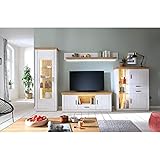 Lomadox Wohnzimmer Schrankwand mit LED Beleuchtung mit Vitrine, Wandregal, TV Board 154cm breit und Highboard mit offenem Fach in Pinie weiß mit Eiche Nb. im Landhaus Stil B/H/T ca. 391/205/50 cm