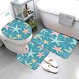 Badematte Türkis,Seestern mit Algen Badematten Set rutschfest Waschbar Badgarnitur 3teilig - WC Deckelbezug U-förmigen Contour Badezimmerteppich Matte Flauschige Mikrofaser