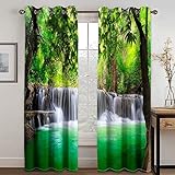 Vorhänge Blickdicht 3D Grüner Wald Wasserfall Gardinen Verdunkelungsvorhänge 200x214 Cm Verdunklungsvorhänge Ösen, Drucken Curtains Für Schlafzimmer Wohnzimmer Deko, Verdunklungsgardine 2Er Set