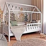 RIVERBANK® Hausbett 70x140 mit Rausfallschutz, Bettkasten & Lattenrost - Vielseitiges Holz Kinderbett 90x200 cm für Jungen & Mädchen - Kinder Haus Bett aus Kiefer Holz Jugendbett Massivholz Weiß