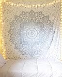raajsee Indisch Wandteppich Mandala Weißsilber, Boho WandDeko, Aesthetic Room Décor, Wandtuch Mandala, Wandbehang Psychedelic 208 x 210 cms