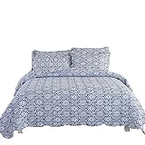 Blaue Baumwoll-Tagesdecke, Bettdecken-Sets, 3-teilige Baumwoll-Steppdecken, Gesteppte Tagesdecke, Bettbezüge, Kissenbezüge, Queen-Size-Größe, 230 x 250 cm, Stylea