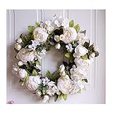 YNGJUEN Künstliche Herbst-Kranz Haustür Dekoration Thanksgiving Ernte Tag Rose Tür Tür Dekoration Wand weiße Blumen-Dekoration 40cm