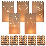 Lichttüten(50 Stück) - Flammwidrige, Wiederverwendbare, Weiß Leuchtsäcke für Party, Urlaubs und Hochzeitsdekorationen mit Teelicht Kerze - Star, Herz, Tüpfel, Mond und Schmetterlings Design Laternen