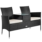 Casaria Gartenbank 2-Sitzer Polyrattan Wetterfest inkl. Tisch 7cm Auflagen 143x55x88cm Garten Möbel Kinobank Balkon Bank Sitzbank Gartensofa Schwarz