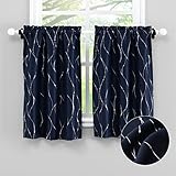 LuxFocus Blickdicht Scheibengardine mit Silber Foliendruck Kurzstores 2er Set Klein Fenstergardinen Kurzvorhang für Küche Wohnzimmer Wellenmuster Navy Blau Breite 66 x Höhe 76 cm, 2 Stück