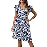 Komiseup Sommerkleid Damen, Strandkleid Damen, Kleider Damen Sommer, Damen Casual Blumendruck Plissee Knielanges Boho Kleid Stranderkleider Freizeitkleid