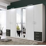Kleiderschrank mit Spiegel, Alpin-Weiß, Graphit-Grau, 270 cm | Drehtürenschrank 6 türig mit 6 Schubladen im klassischen Stil