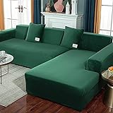 IMYOGI Hochelastische Sofabezüge, 2 Stück, rutschfeste Samt-Sofabezüge mit 2 Kissenbezügen für L-förmige Sofagarnituren, ideal für Kinder und Haustiere (grün, 3-Sitzer + 3-Sitzer)