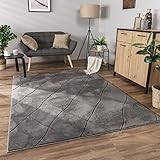 Paco Home Teppich Wohnzimmer Schlafzimmer Kurzflor Modernes Skandinavisches Muster Rauten Motiv Flauschig 3D Grau Anthrazit, Grösse:200x280 cm, Farbe:Anthrazit 2