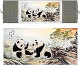 FEDEAL 55110 Wanddekoration, chinesischer Stil, Seide, chinesische Malerei, Panda, Heimdekoration, Kalligraphie, Schriftrolle, hängendes Geschenk, 55 x 18 cm