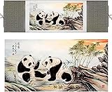 FEDEAL 55110 Wanddekoration, chinesischer Stil, Seide, chinesische Malerei, Panda, Heimdekoration, Kalligraphie, Schriftrolle, hängendes Geschenk, 55 x 18 cm