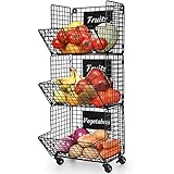 Yorbay Obstkorb hängend Wandkorb aus Metall für obst und gemüse, Rollenwagen mit 3 Stockwerke, 5 Stk. S-Haken und Abnehmbare Schreibtafeln, Schwarz