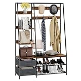 COSTWAY Garderobenständer mit Sitzbank, Garderobe mit 6 Ebenen, 9 Doppelhaken, 2 Stoffkommoden und Schuhregal, Flurgarderobe für Flur und Schlafzimmer, Industrie-Design, 122 x 40 x 180 cm