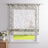 CORLIF Raffrollo Leinenoptik mit Tunnelzug Küche Raffgardine Blätter-Druck Fenster Bändchenrollo Transparenter Kurz Vorhang Landhausstil B/H 120/140 cm Braun
