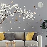 XXL wandtattoo kirschblüte, wandtattoo baum vögel Wandtattoo bäume weiße Blüten wanddeko kinderzimmer, Wandtattoos Schlafzimmer Wandaufkleber wohnzimmer Sofa Hintergrund Wandtattoos 187x128cm