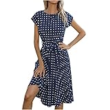 Sommerkleid Damen Mittellanges Gepunktetes Plissiertes Kleid mit Rundhals Ausschnitt und Kurzen Ärmeln Locker Lässig Kleider Frauen Female Teenager Mädchen Freizeit Party Minikleid Strandkleid