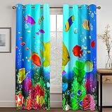 Blickdichte Vorhänge Kinderzimmer 3D Meer Cartoon Fisch Thermovorhang Kälteschutz Gardinen Mit Ösen Vorhang Wärmeisolierend 140x200 cm Verdunklungsvorhänge Wohnzimmer Schlafzimmer Modern