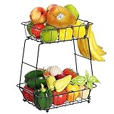 2 Stöckig Obstkorb, Abnehmbar Obst Etagere 2 Etagen Küche Moderne Obstschale, Praktischer Obstkörbe aus Metall für Brot, Gemüse, Snacks, Eckregal Stehend Aufbewahrung Küche Schwarz