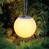 Hängende Solarkugel für Außen mit umschaltbarem warm-weißen oder bunten LED-Licht | Ø 20 cm | inkl. Aufhängung | Deko-Kugel in Milchglas-Optik