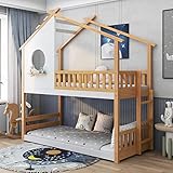 LINTAIZUO Baumhaus Kinderbett, Kinderbett Baumhaus mit Rutsche & Leiter 90 x 200 cm, Hochbett für Kinder, Platzsparendes Design– Lattenrost- Natur & Weiß,Logcolor