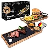 LIKAYA® Servierbrett 'LUIS' 2er Set aus FSC®-zertifiziertem Akazienholz mit Schieferplatte und Saucen Schüsseln für Steak, Burger, Sushi und vieles mehr - perfektes Zubehör z.B. zum Grillen!