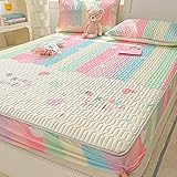 Wasserbett Boxspringbett Spannbettlaken 150 x 200 cm, 3 Stück, Cartoon-Latex-Eisseide-Spannbettlaken und Kissenbezug, Sommer-Tagesdecke, Matratzenschoner für Kinderzimmer, Regenbogenfarben