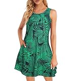 Damen Kleider Elegant Frauen Beach Flower T-Shirt mit bedruckten Sessel Ärmellose Taschen lässige lockere Panzerkleider Dress Mittelalter Kleid Damen Schwarz (Green, XL)