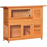 PawHut Kleintierstall Kleintierkäfig Kleintierhaus mit Asphaltdach Meerschweinchenstall Nagerkäfig Doppelstock Winterfest Tannenholz Gelb 120 x 48 x 100 cm