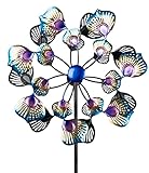 dekojohnson XXL Windrad Pfauenaugen aus Metall Windräder Windspiel Gartenstecker Windmühle Gartendeko Teichdeko doppelt blau violett 36x126cm groß