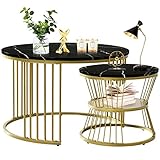 Nesting Couchtisch 2er Set, Couchtisch Rund, Stapelbare Couchtische aus Metall for Satztische, Wohnzimmer, Sofa, Beistelltisch, Schlafzimmer, Balkon, Büro (Gold+Schwarz) (Gold+Schwarz)