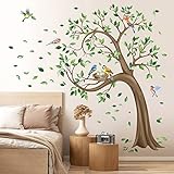 decalmile Wandtattoo Baum Groß Grüne Wandaufkleber Baum Blätter Vögel Wandsticker Kinderzimmer Schlafzimmer Wohnzimmer Wanddeko