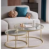 HJhomeheart 2er Set runde Couchtische Couchtische Groß: 60 x 60 x 45 cm Klein: 40 x 40 x 35 cm, Couchtisch Rund(Gold und Glas)