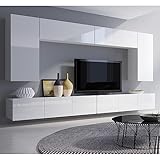 Lomadox Wohnwand Anbauwand weiß Hochglanz 6-teilig Modern, mit 2 TV-Lowboards, 2 vertikale Hängeschränke, 2 horizontale Hängeschränke