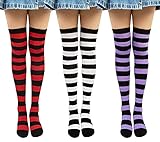 Chalier Cozy 3 Paare Gestreifte Kniestrümpfe Overknee Strümpfe Damen Lange Gestreifte Socken Thigh High Socks Beinwärmer Schenkel Socken für Mädchen Lila Rot Schwarz Einheitsgröße