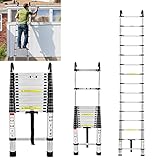 Yznahre 3.8m Teleskopleiter mit 2 Abnehmbarem Haken Multifunktionsleiter Ausziehleiter Aluminium Ausziehbare Leiter Anlegeleiter Stehleiter Mehrzweckleiter Tragbar, Belastbarkeit 150 KG, Silber