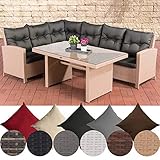 CLP Polyrattan Garten-Set BERMEO mit Esstisch, Eckbank und Sitzpolstern | Sitzgruppe mit Aluminium-Untergestell, Farbe:Sand, Polsterfarbe:Anthrazit