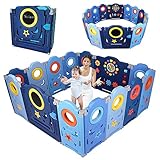 YOLEO Laufstall Baby Faltbar Activity Center mit Tafel und Uhr Kinder Laufgitter XXL für Baby und Kleinkinder Wohnzimmer und Outdoor Kunststoff Zaun BPA frei 14 Paneele Blau