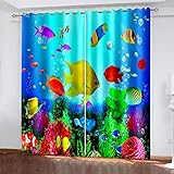 Vorhang Blickdicht 3D Bunte Tiefseefische Gardinen Mit Ösenvorhang 2Er Set 200x160 Cm Verdunkelungs Kindervorhänge Für Wohnzimmer Schlafzimmer Kinderzimmer Deko, Blickdichte Verdunklungsgardine