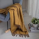 Linen & Cotton Decke Wolldecke Wohndecke Kuscheldecke Paris mit Rautenmuster - 100% Reine Neuseeland Wolle, Braun Gelb (140 x 200 cm) Tagesdecke Sofadecke Plaid Blanket Sofa Bett Lammwolle Schafswolle