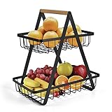 XINGDOZ 2 tier Obst Etagere Obstschale Obstkorb Obst Schüssel Brotkorb Gemüse Holz Halter aufbewahrung für Küche Lager, Schwarz (Schwarz-2)