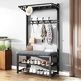 garderobe mit sitzbank Robustes Metall Kleiderständer mit Schuhregal Garderobe Garderobenständer Garderobenständer mit Haken für Flur Wohnzimmer Ankleidezimmer 80/100 x 33 x 172 cm (80 cm, Schwarz)