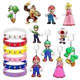 Mario Party Mitgebsel, Party Deko Kindergeburtstag 16pcs, Kinder Geburtstag Party Torte Mario, 6 Mario Leuchtendes Armband, 6 Mario Figuren, 4 Teile Schlüsselanhänger für Kinder Geburtstag Mädchen
